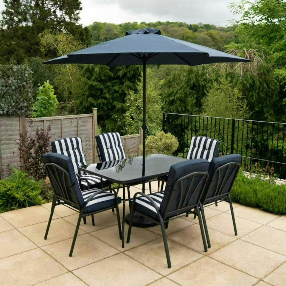 image 1 of Hectare 6 Seater Outdoor Furniture Rectangular Glass Table with Parasol Navy