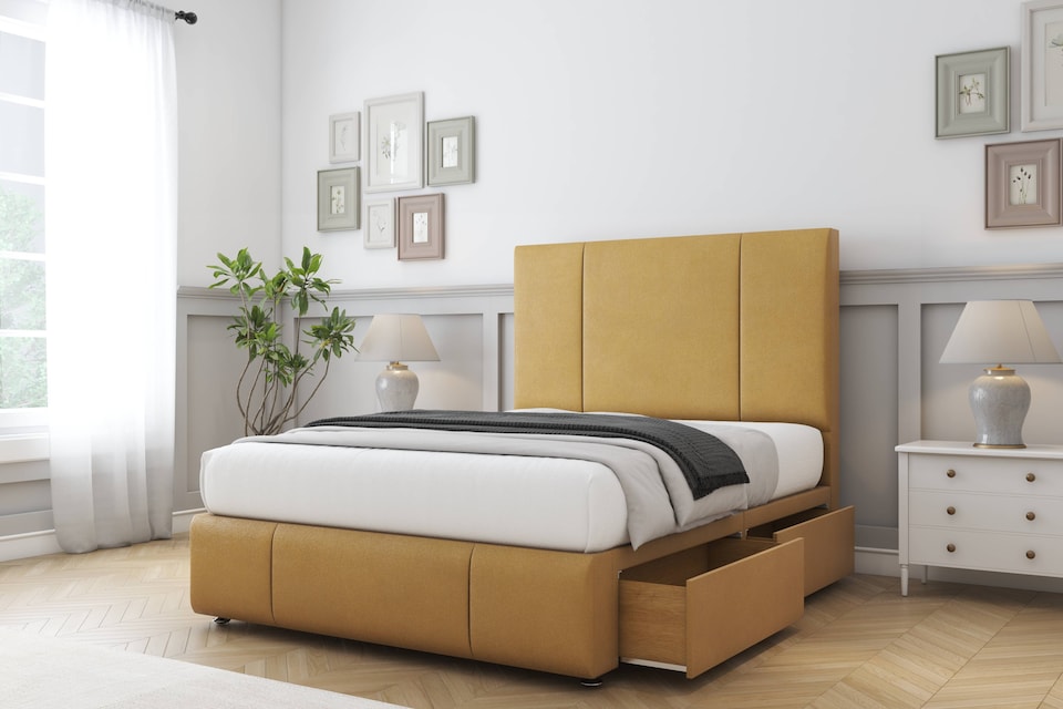image 1 of Sloomy Lisbon Mustard Plush Divan Bed With Mattress 4 Drawers With 26" Strutted Headboard & 12" Matching Footboard 4'6 Double | Gold | Mustard | Double | 1