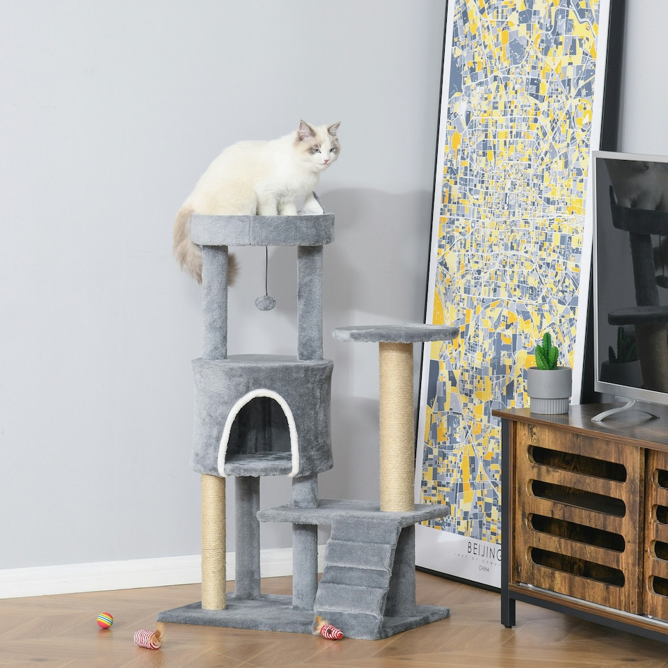 image 1 of PawHut 100cm Cat Condo Tree Tower with Scratching Post, Perch, Light Grey