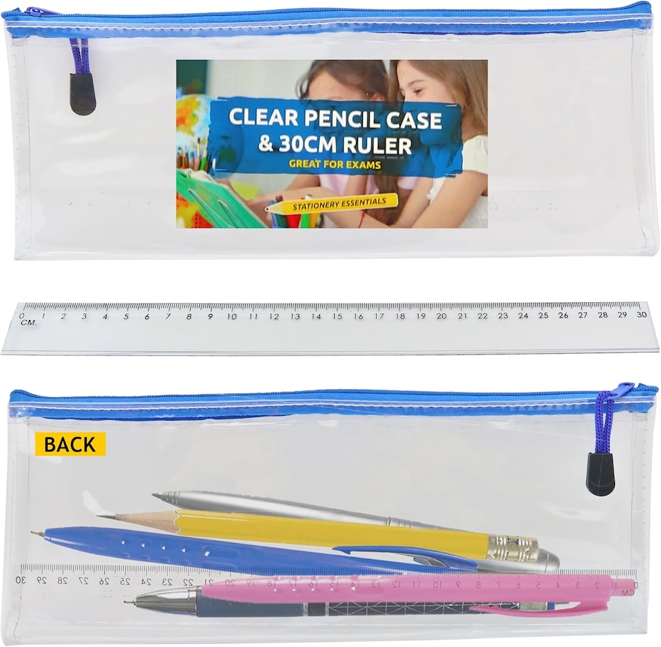 image 1 of Clear Pencil Case with 30cm Ruler – Large Transparent Durable Case for Exams, School Supplies & Organising Pens, Pencils & Tools