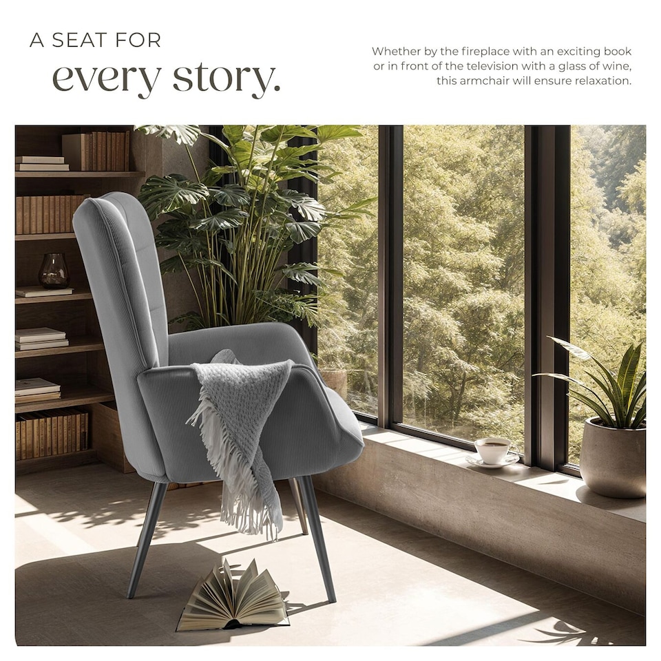 image 1 of Armchair Hygge - padded, armrests and ergonomic backrest, 150 kg load capacity | Grey | Fine cord anthracite/black | One Size | 1