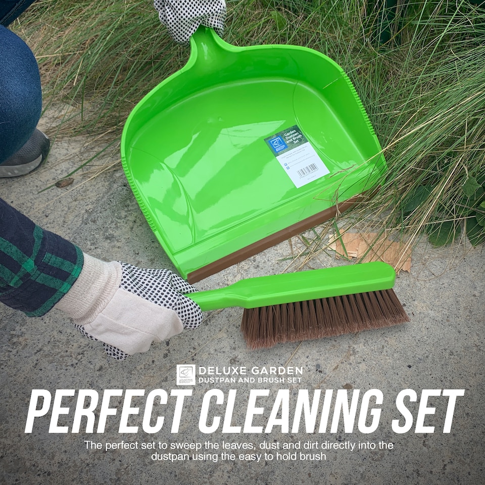 image 1 of Deluxe Garden Dustpan and Brush Set Large Outdoor Dustpan with Stiff Bristle Brush