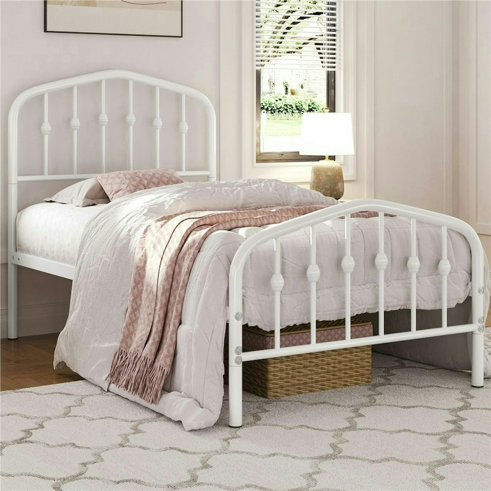 image 1 of Yaheetech 190 cm L × 90 cm W Modern Metal Bed Frame with Arched Headboard White