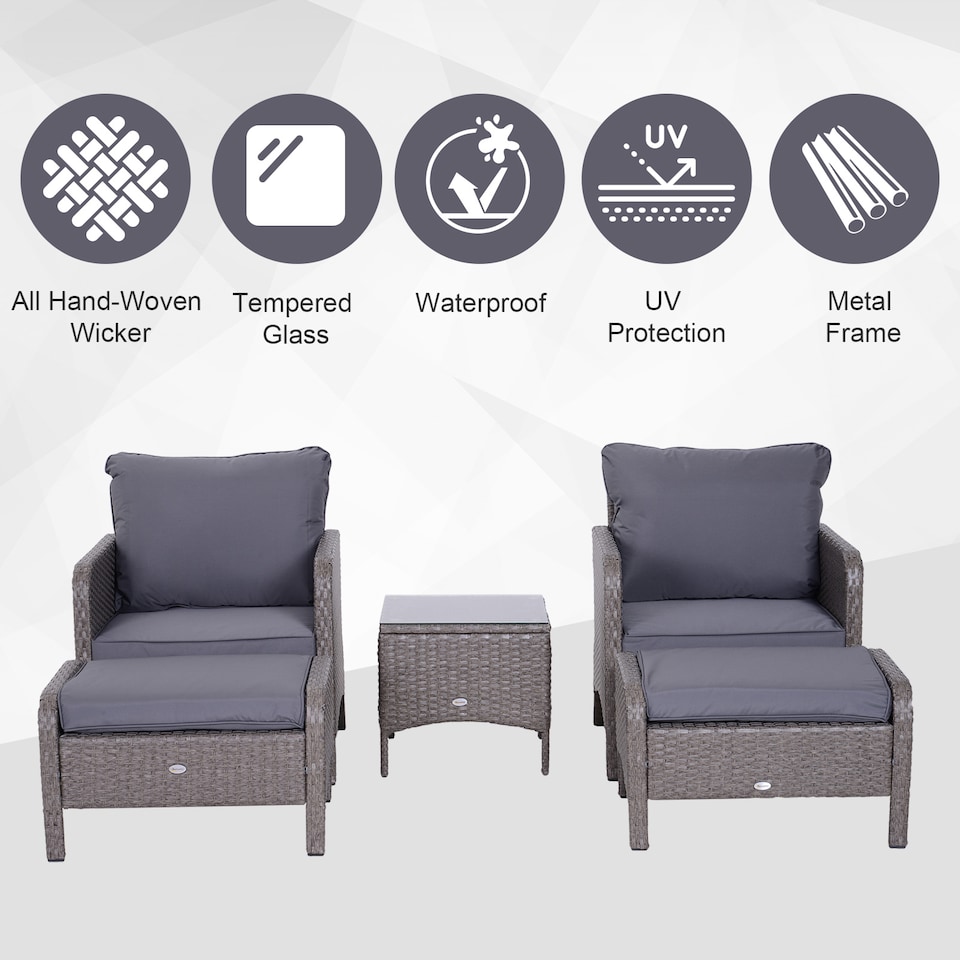 image 1 of Outsunny 5 Pieces PE Rattan Garden Furniture Set with 10cm Thick Padded Cushions, Wicker Weave Outdoor Seating Chairs with 2 Armchairs, 2 Stools, Glass Top Table, Grey