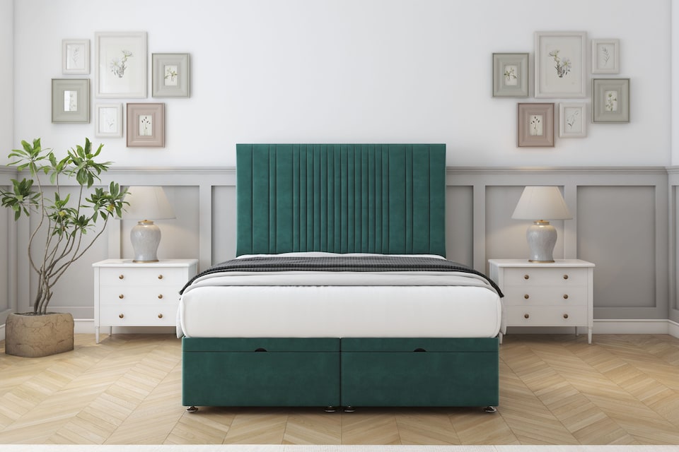 image 1 of Sloomy Kingsley Emerald Plush Ottoman Bed Base With 26" Strutted Headboard 4'6 Double | Green | Emerald | Double | 1