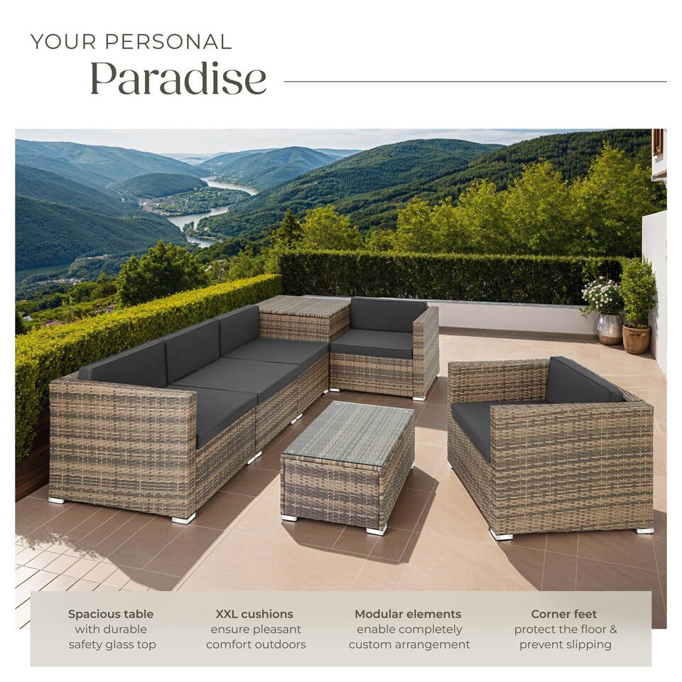 image 1 of Garden Furniture Set Pisa - modular sofa, armchair, coffee table, cushion storage box | Brown | nature | 67 x 75 x 64,50 cm | 1