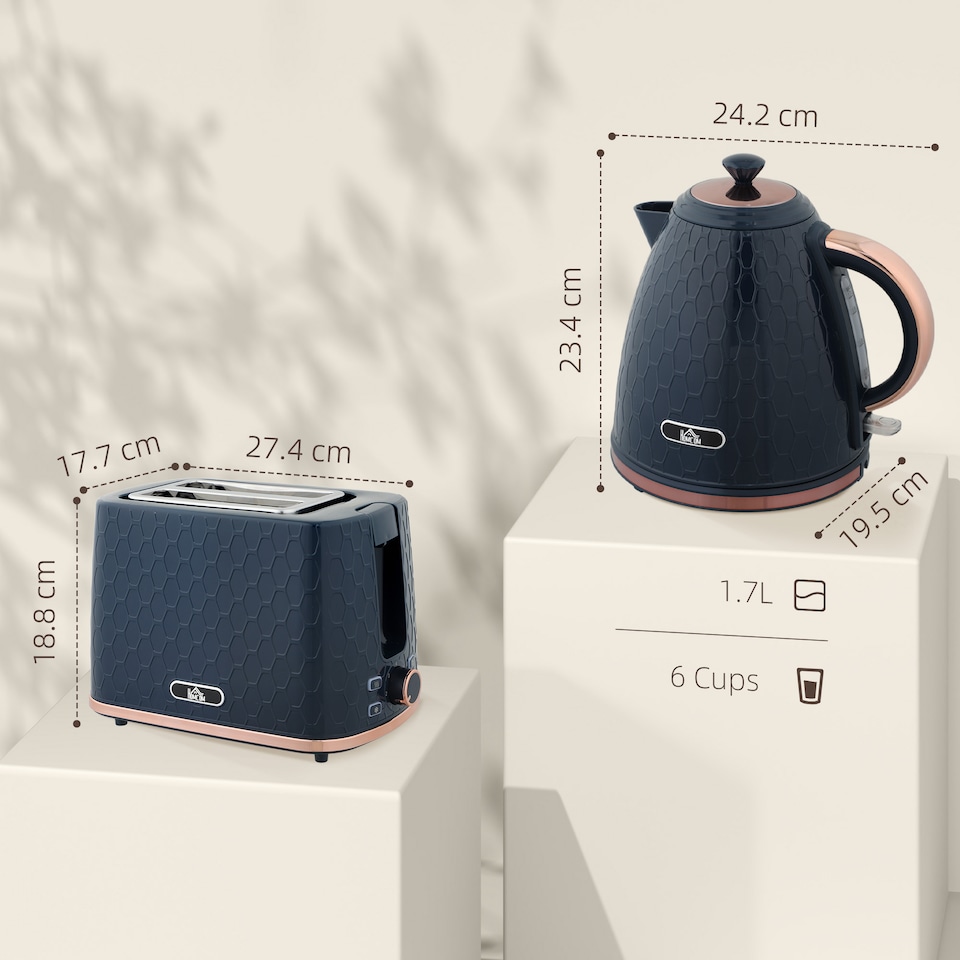 image 1 of HOMCOM Kettle and Toaster Set 1.7L Fast Boil Kettle & 2 Slice Toaster Set Blue