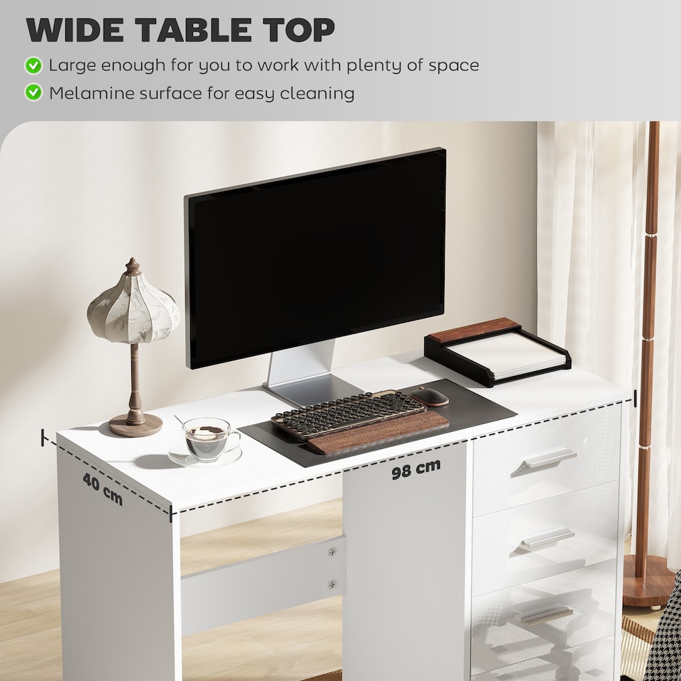 image 1 of HOMCOM Computer Desk with Drawers, Dressing Table, High Gloss Home Office Writing Workstation, White