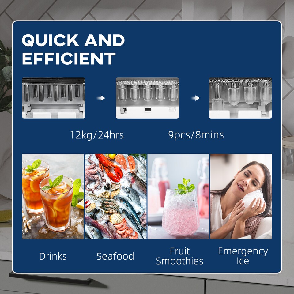 image 1 of HOMCOM Ice Maker Machine Countertop, 9 Ice Cubes in 8 Mins, 12KG in 24Hrs, Self-Cleaning Portable Ice Cube Maker w Adjustable Ice Size, Ice Scoop, Basket, Stainless Steel, No Plumbing Required, Black