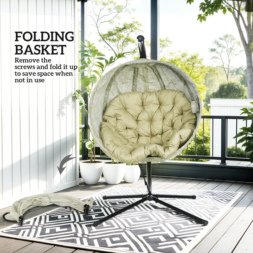 image 1 of Outsunny Hanging Egg Chair Outdoor Indoor Swing Chair, Folding Basket, Khaki