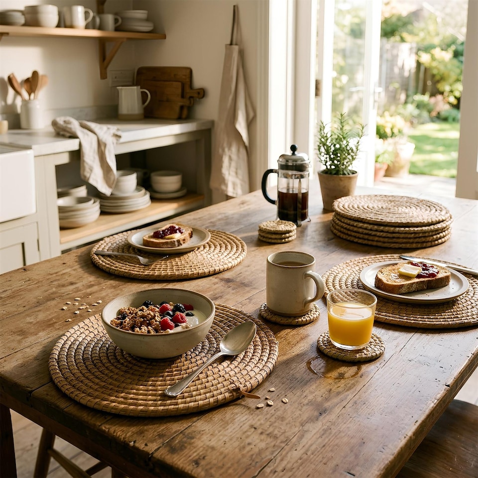 image 1 of Argon Tableware 30cm Round Placemats - Set of 6 - Woven Palm Leaf Serving Dish Trays Cake Boards Table Protector Mats | Brown | Brown | One Size | 6