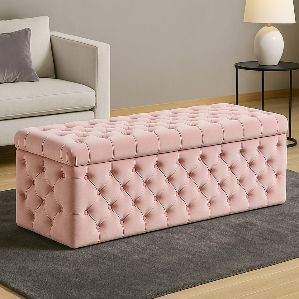 image 1 of 120cm Wide Lux Ottoman Storage Box, Pink Velvet Upholstered Chesterfield Storage Ottoman Box