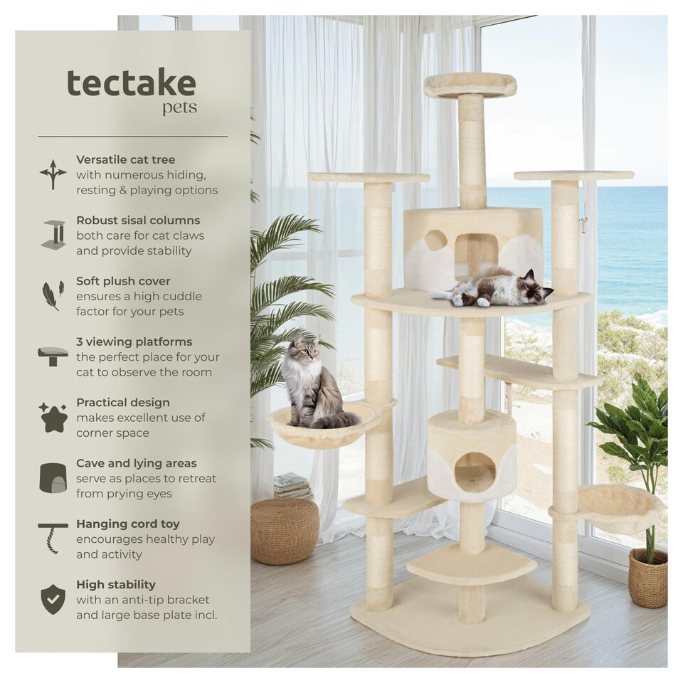 image 1 of Cat Tree Fippi - 201 cm tall, sisal cat scratching post, toy & anti-tip bracket - Beige/White