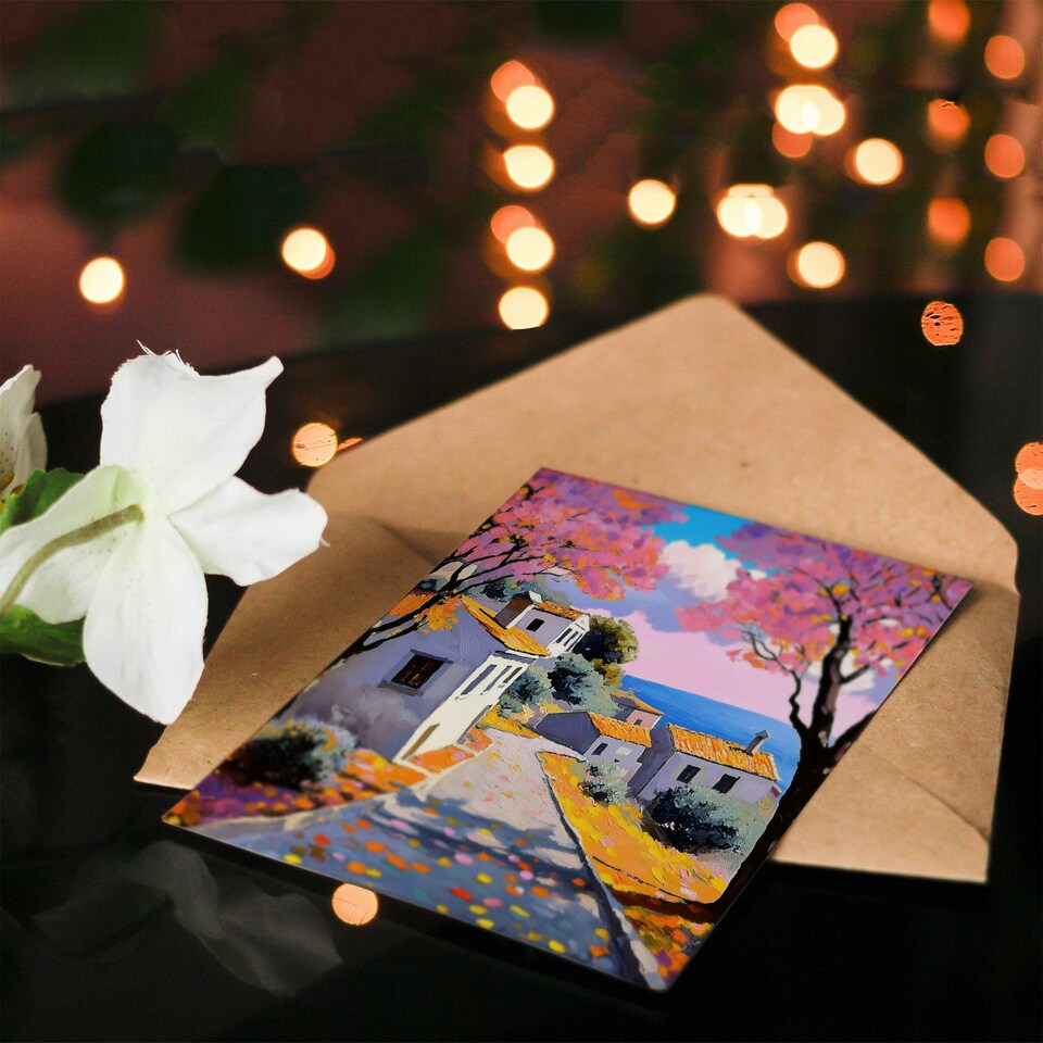 image 1 of French Coastal Village With Cherry Blossoms Trees Birthday Greeting Card