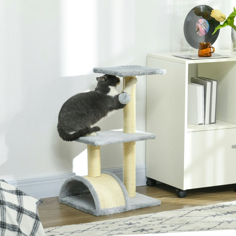 image 1 of PawHut 72cm Cat Tree Tower with Scratching Post Perch, Indoor, Light Grey