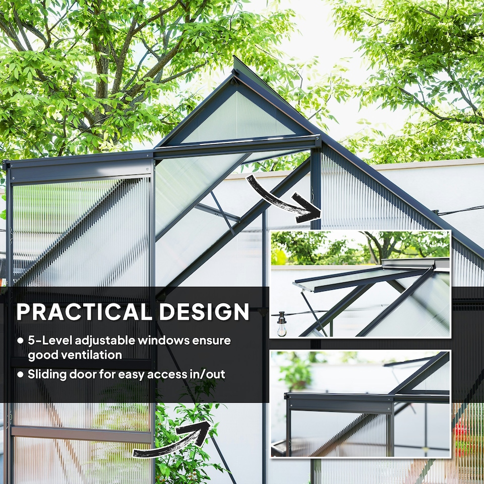 image 1 of Outsunny Polycarbonate Walk-in Garden Greenhouse w/ Sliding Door Grey