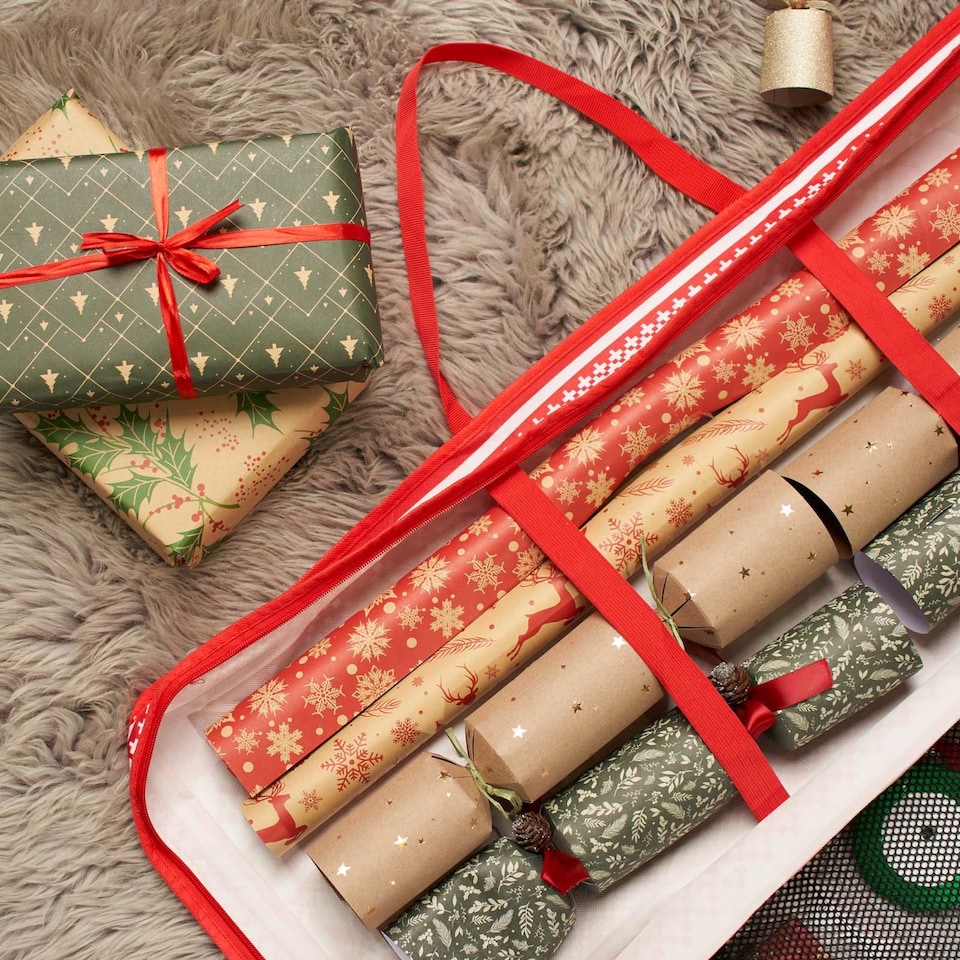 image 1 of OHS Christmas 1 x Wrapping Paper Storage Organiser Nordic Xmas Gift Wrap Bag | Red
