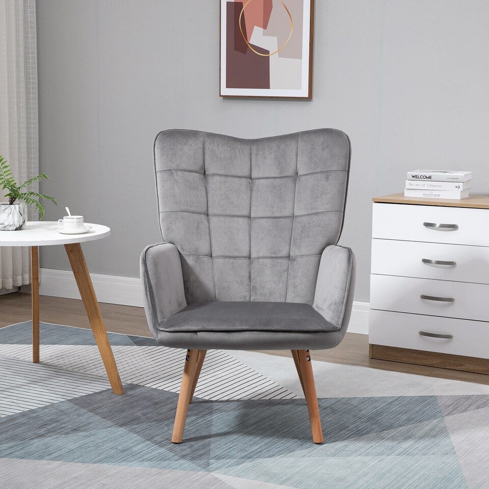 image 1 of HOMCOM Modern Accent Chair, Upholstered Tufted Wingback Armchair with Seat Padding, Velvet Leisure Lounge Bedroom Chair with Wood Legs, Grey