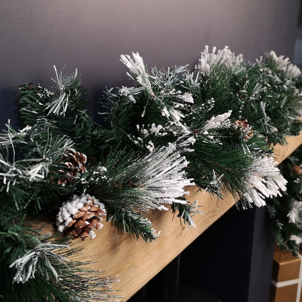 image 1 of 2.7m Snow Flocked Christmas Garland with Pine Cones and Mixed Needles
