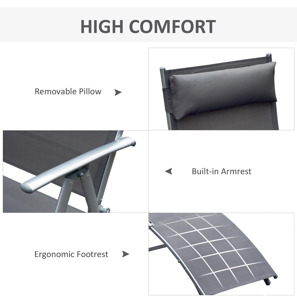 image 1 of Outsunny Sun Lounger Recliner w/ Pillow Foldable 7 Levels Textilene Grey | Grey