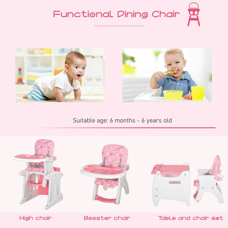 image 1 of HOMCOM 2-in-1 Convertible Baby High Chair Booster Seat w/ Removable Tray Pink