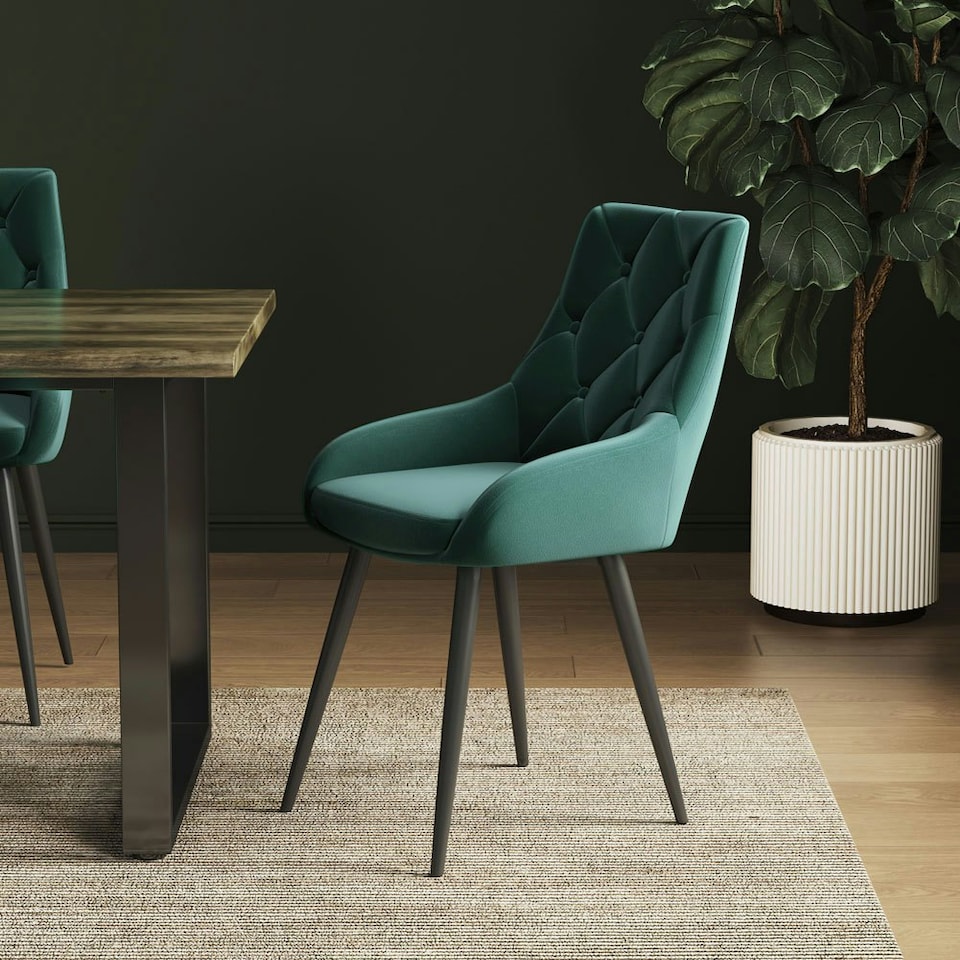 image 1 of Living and Home Set of 2 Velvet Metal Legs Button Upholstered Dining Chair, Green