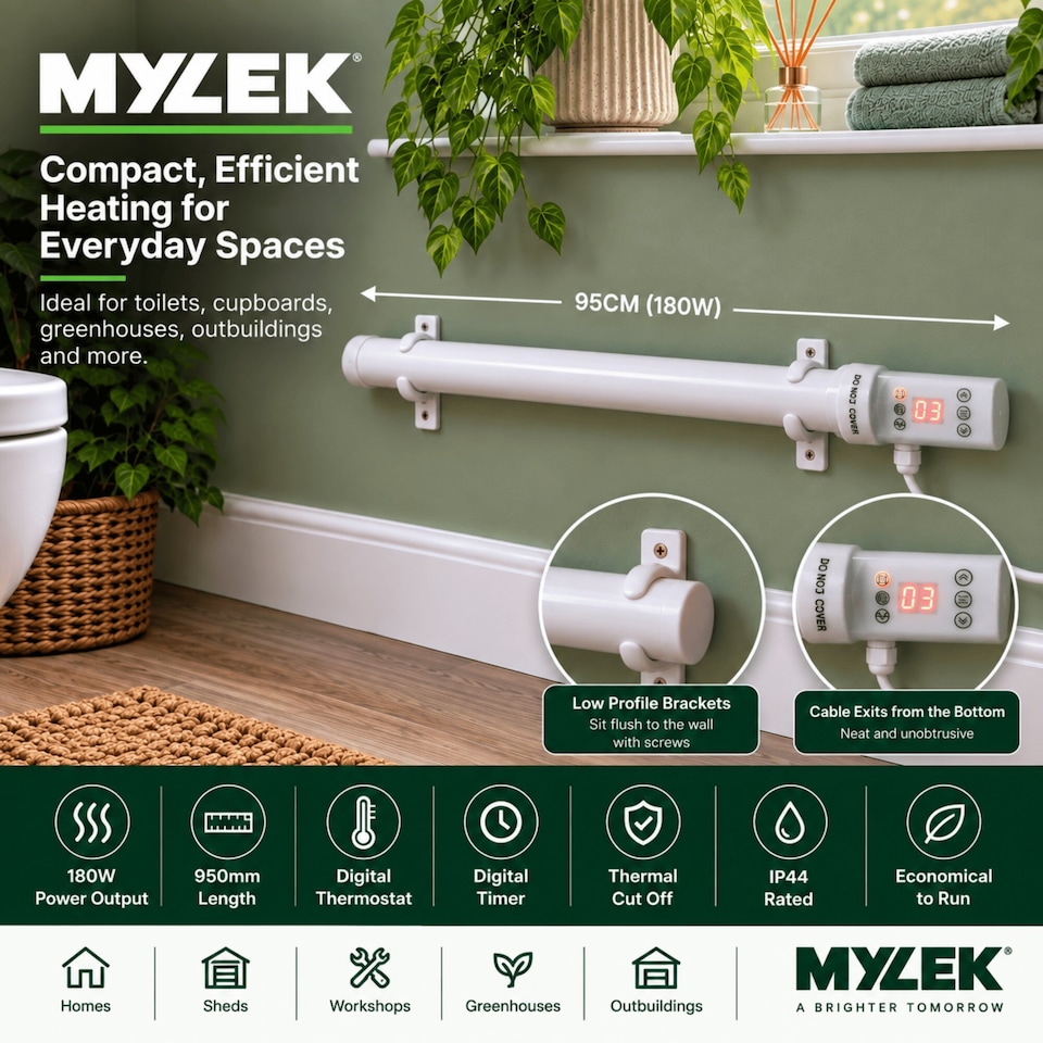 image 1 of Mylek Tubular Heater 180W - 1500mm - Low Energy Tube - Built in Thermostat And Mounting Brackets Greenhouse, Garage, Caravan