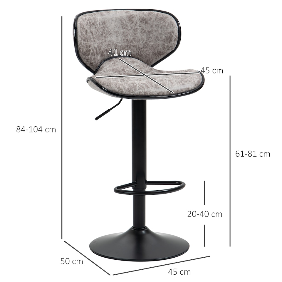 image 1 of HOMCOM Bar Stool Set of 2 Microfiber Cloth Adjustable Height Armless Chairs with Swivel Seat, Grey