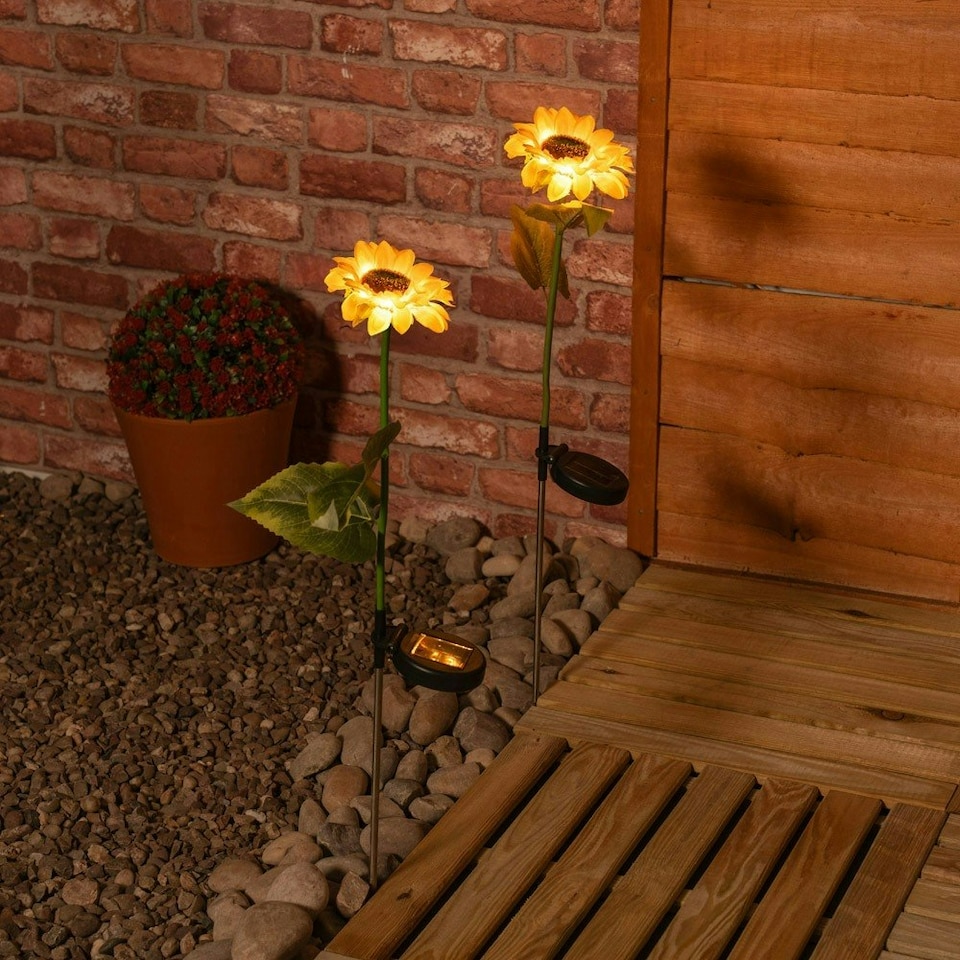 image 1 of ValueLights 2 Pack Solar Powered Yellow Sunflower Outdoor Spike Lights Garden Stake Lamp