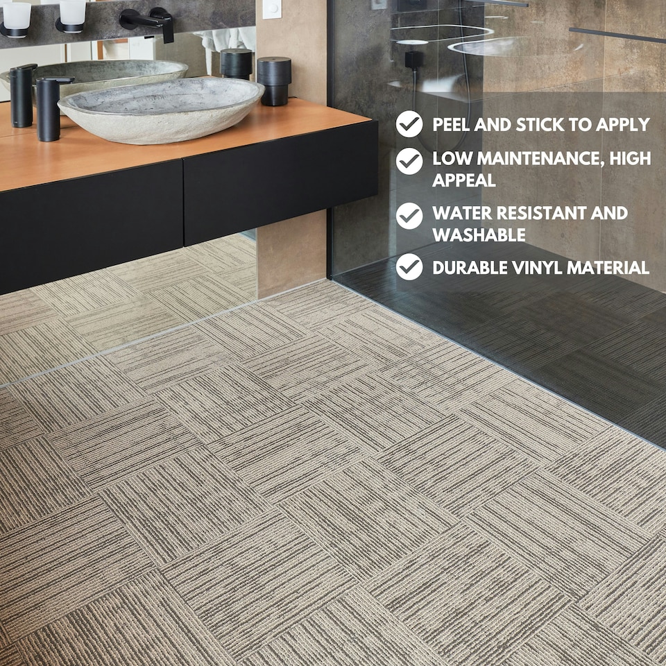 image 1 of NOVECRAFTO Vinyl Floor Tiles Self Adhesive – 12x12in Peel and Stick Flooring with Beige Faux Carpet Effect – Durable & Easy to Clean for Any Room | Brown | 5.57 sqm