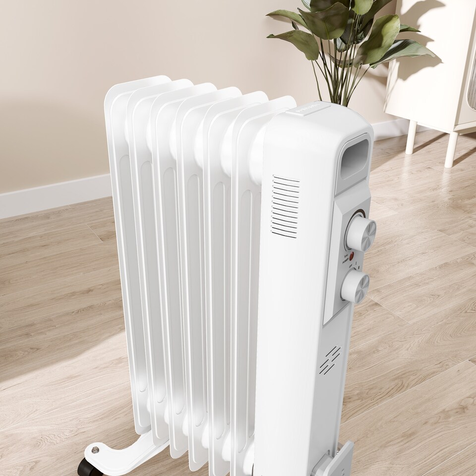 image 1 of HOMCOM 1500W Quiet Oil Filled Radiator, 7 Fin Energy Efficient Portable Electric Heater with 3 Heat Settings, Adjustable Temperate, Safety Tip Over, Overheat Protection, Wheels, for Home, White