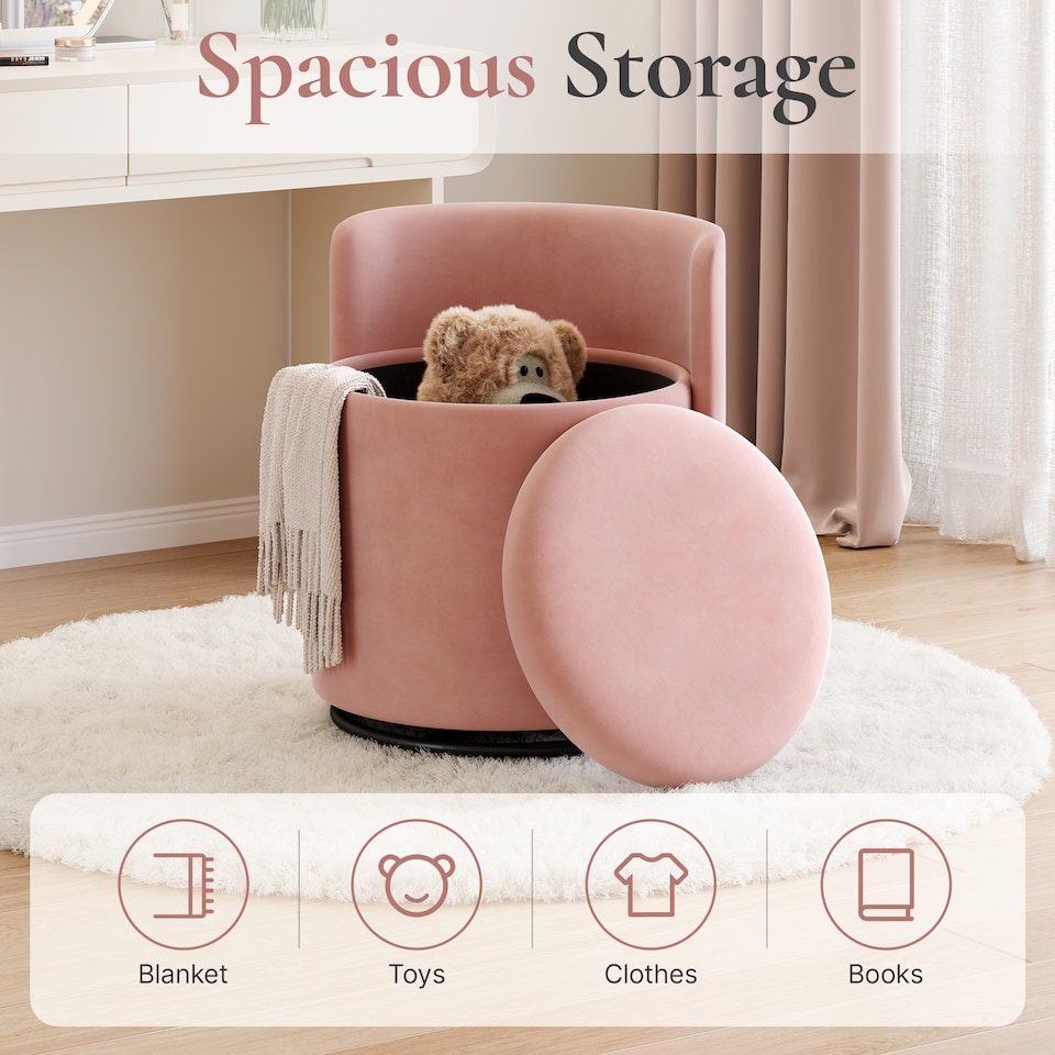 image 1 of Yaheetech Velvet Storage Ottoman Chair, 360° Swivel Tub Chair with Hidden Storage, Lift-Off Lid, Upholstered Backrest, 40L Capacity, 45.8cm H, Pink