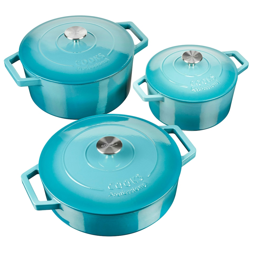 image 1 of Cooks Professional Cast Iron Casserole Set of 3 | 20cm, 26cm and 28cm | Enamelled Inside and Out | Graduated Teal