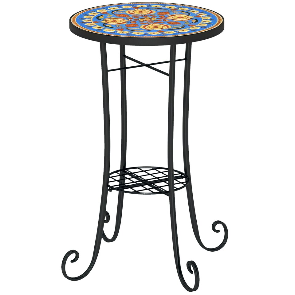 image 1 of Outsunny 35.5cm Round Mosaic Garden Side Table Plant Stand w/ Shelf, Blue 
