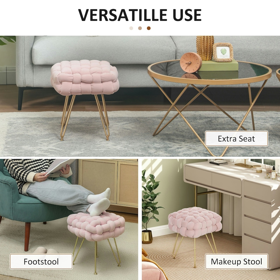 image 1 of HOMCOM Woven Velvet Foot Stool with Steel Legs for Living Room, Pink