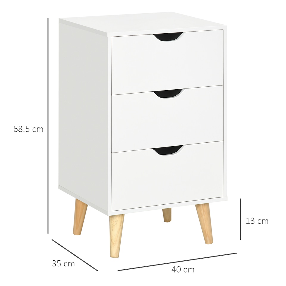 image 1 of HOMCOM Bedside Table, Bedside Cabinet with 3 Drawers, Side End Table with Pine Wood Legs for Bedroom Living Room, White