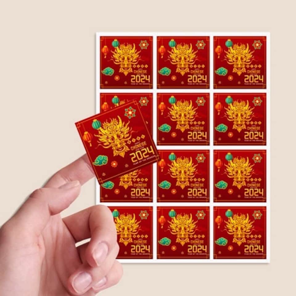 image 1 of Happy Chinese New Year 2024 Dragon Design Square Stickers 65mm - Sheet of 12