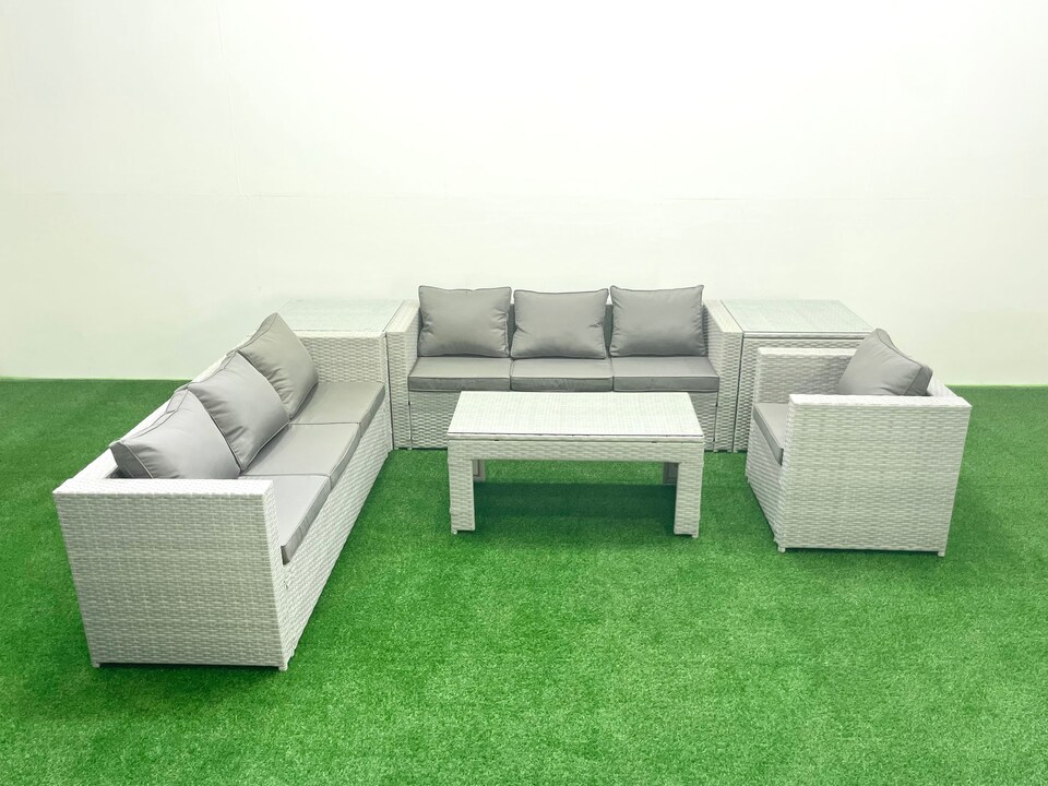 image 1 of Fimous Wicker PE Rattan Sofa Garden Furniture Set with Oblong Coffee Table Armchair 2 Side Tables Light Grey Mixed