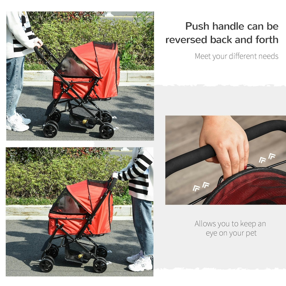 image 1 of PawHut Pet Stroller Dog Foldable Travel Carriage with Reversible Handle, Red