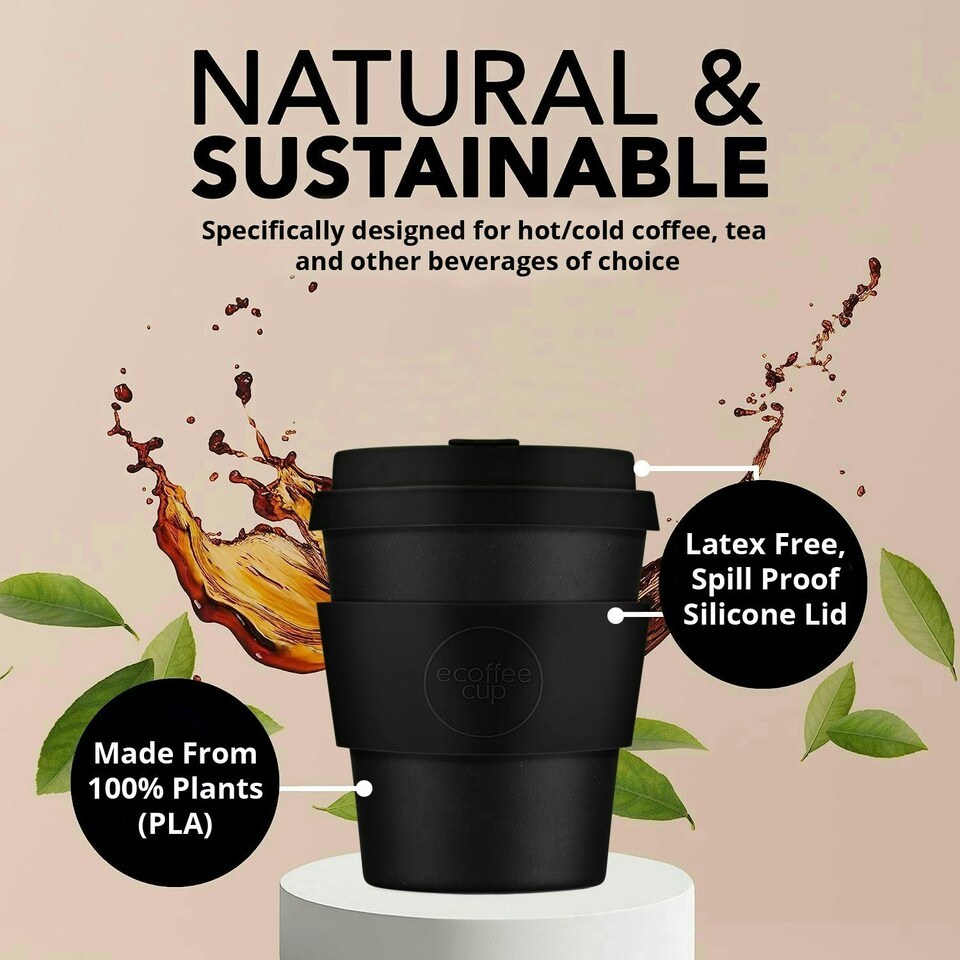 image 1 of Ecoffee Cup 8oz 240ml Reusable Eco-Friendly 100% Plant Based Coffee Cup with Silicone Lid & Sleeve - Melamine Free Travel Mug N/A | Kerr & Napier