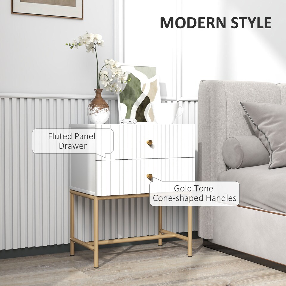 image 1 of HOMCOM Bedside Table with 2 Drawers, Modern Bedside Cabinet with Storage and Metal Legs for Bedroom, Living Room, White | White