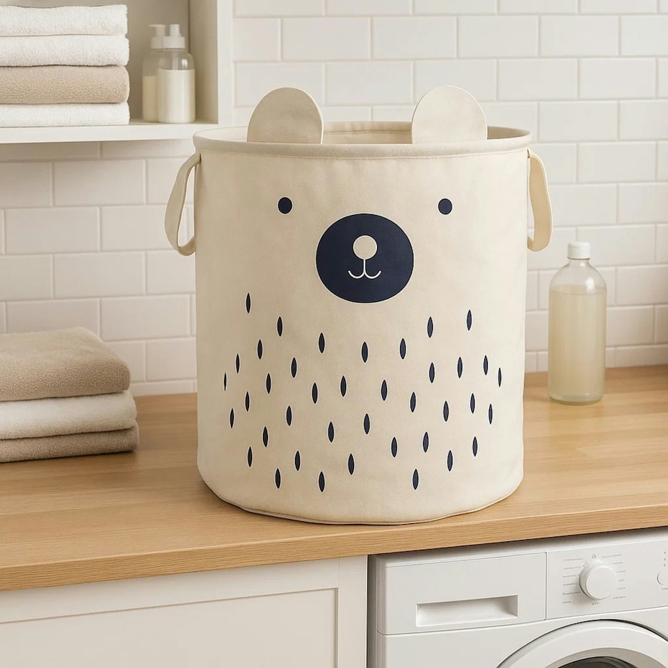 image 1 of Interiors by Premier Bear Face Laundry Bag, Adorable Fabric Hamper With Drawstring Closure And Carry Handles, Lightweight White
