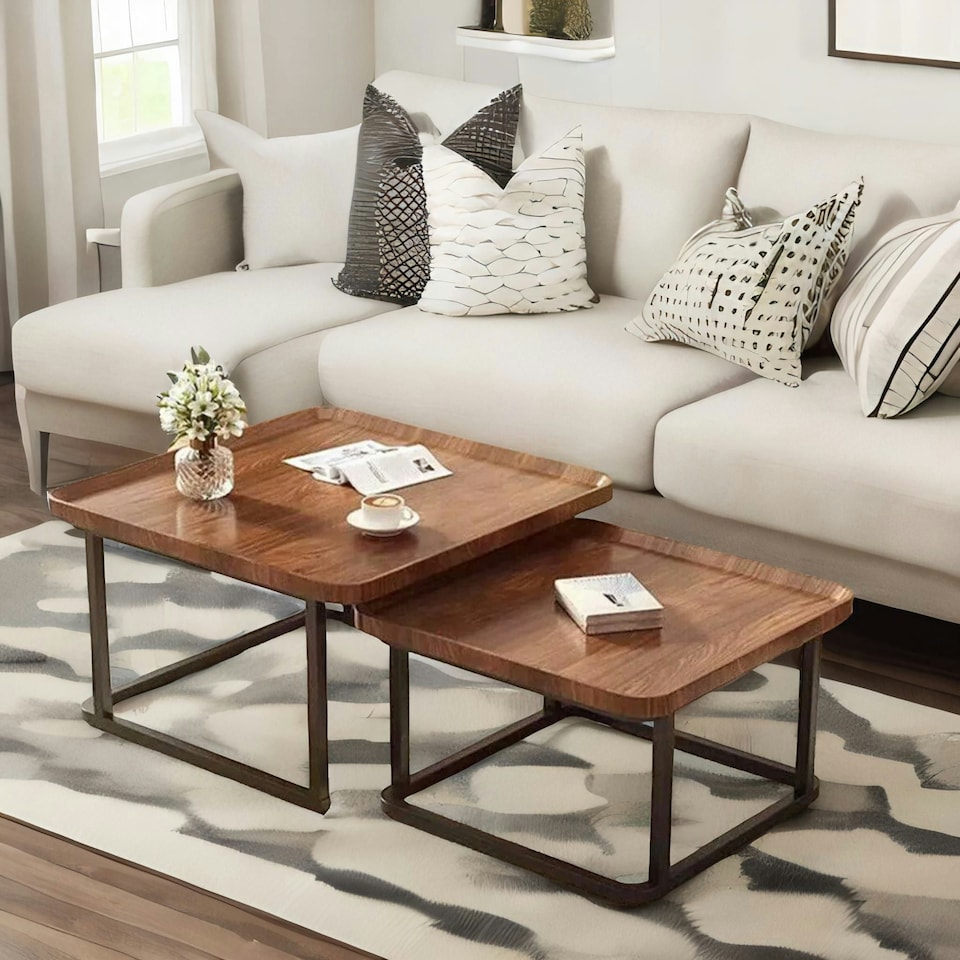image 1 of 2PC Industrial Square Nesting Coffee Tables Rustic Brown Brown