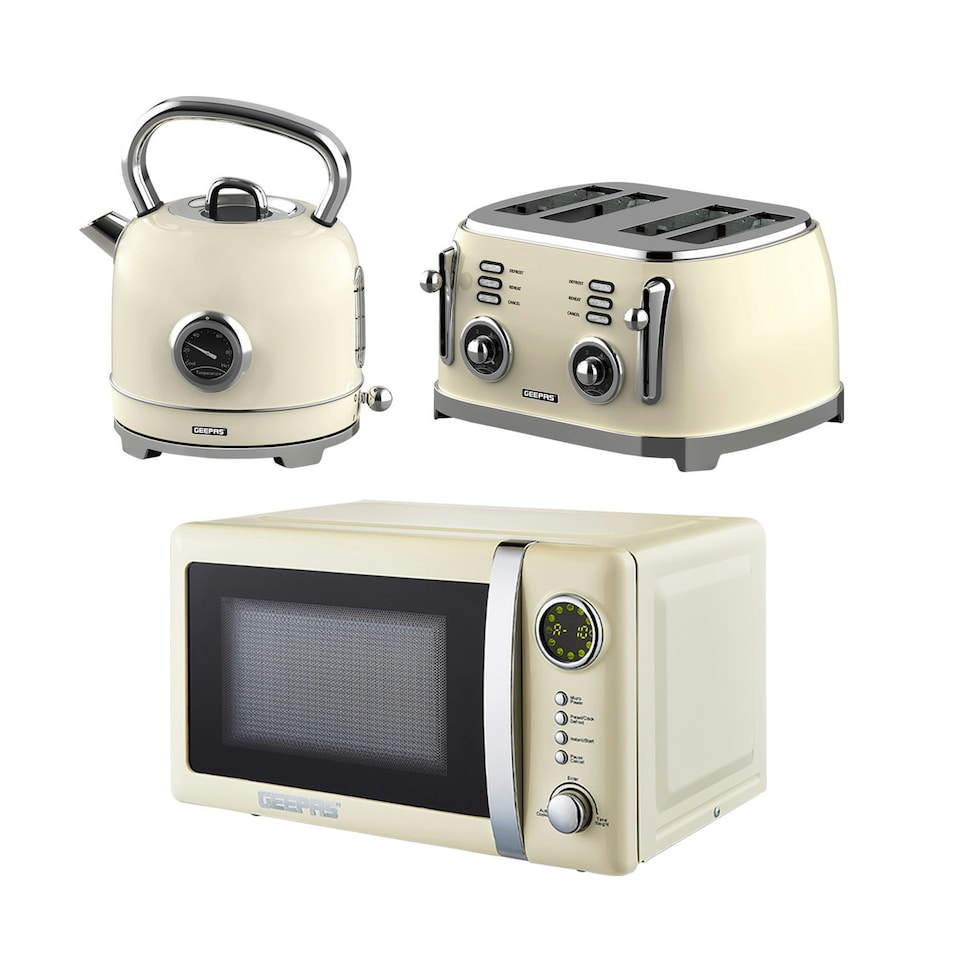 GEEPAS 1.8L Electric Kettle, 4 Slice Bread Toaster | Cream Retrovive Cream