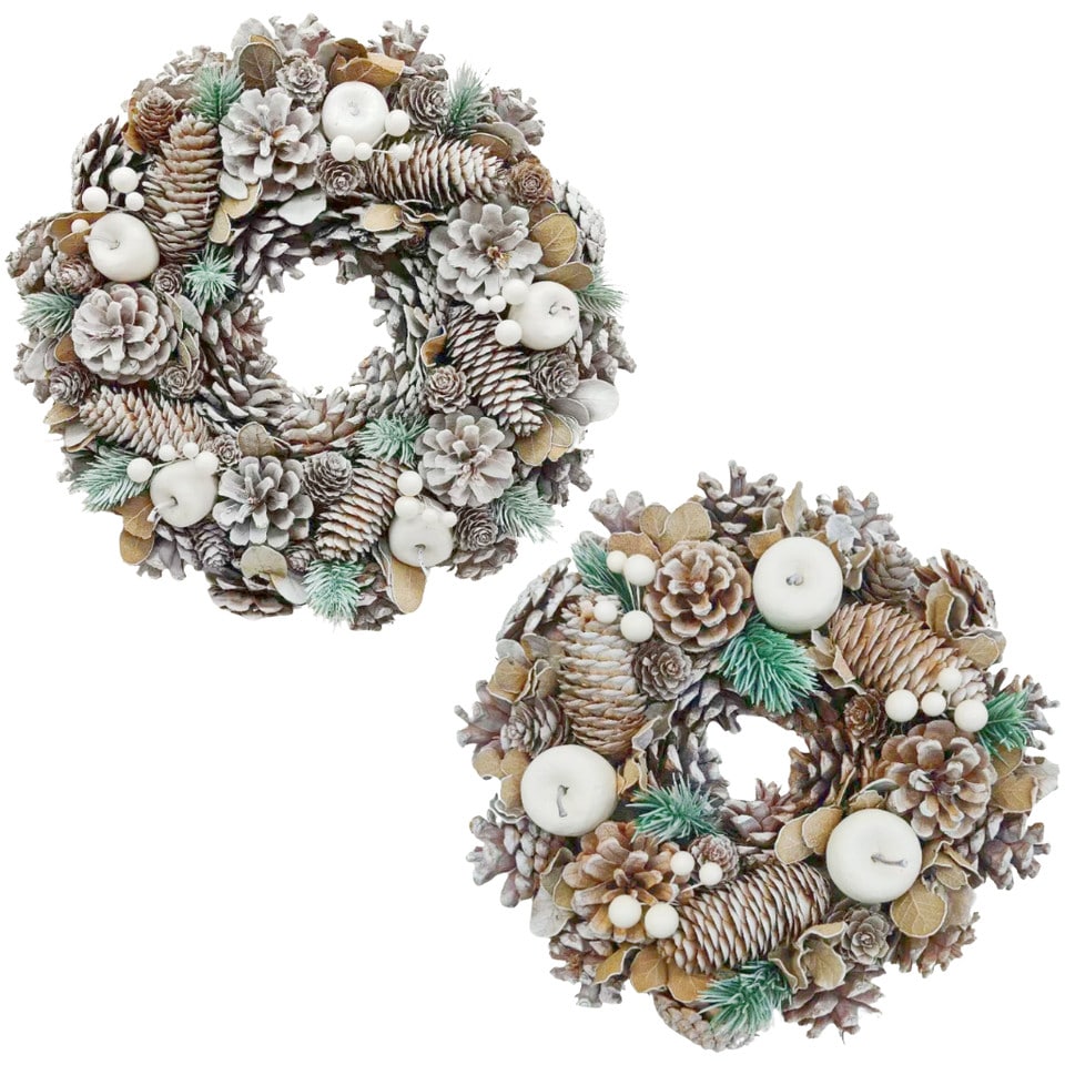image 1 of Christmas Wreath Festive Decoration with Jute Hanger Traditional Pinecone Decor | Multi | Frosted White | 25cm | 1