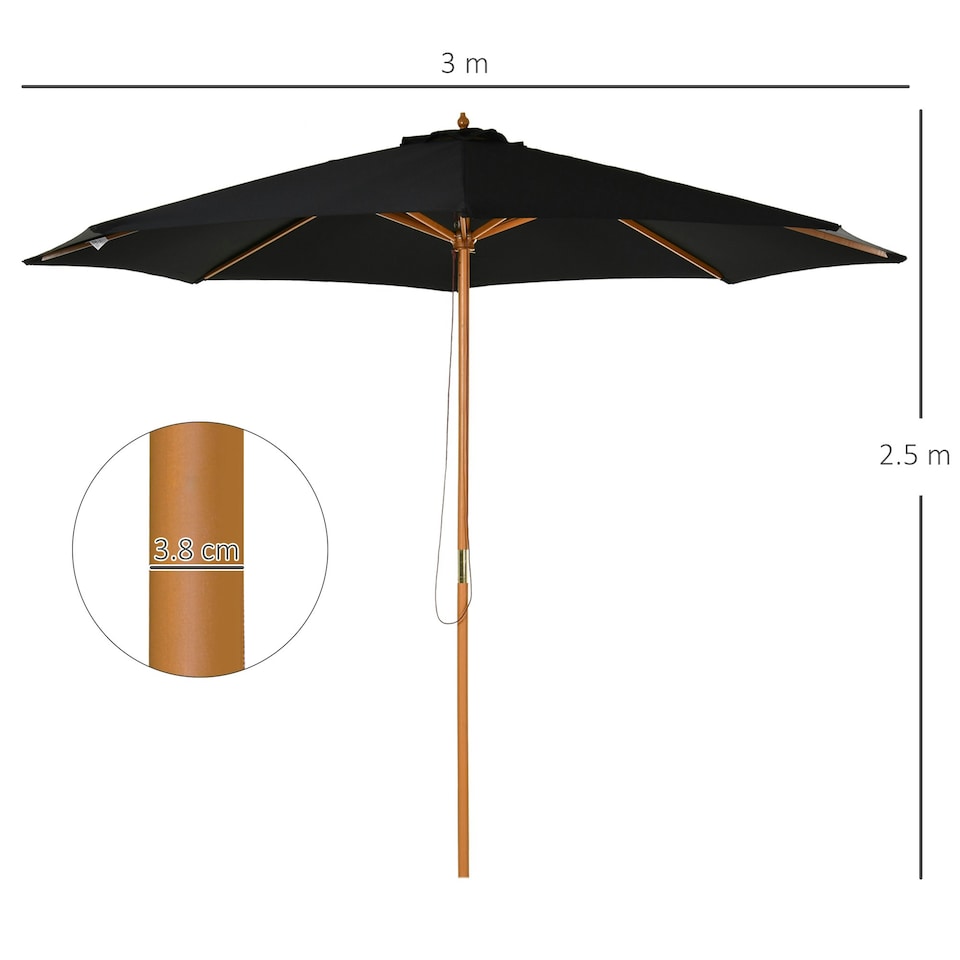 image 1 of Outsunny 3(m) Wooden Garden Parasol Sun Shade Outdoor Umbrella Black