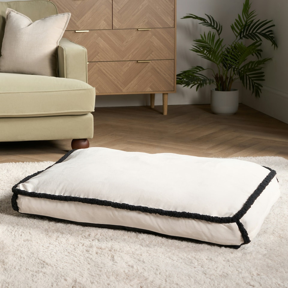 image 1 of OHS Sherpa Bind Rectangular Soft Plump Plush Cosy Pet Dog Cat Crate Cushion Bed Mat Multi | Cream and Black | L