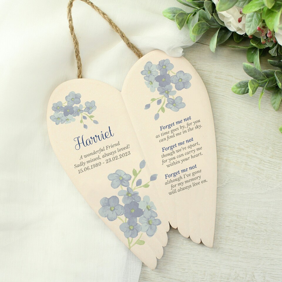 image 1 of Personalised Forget Me Not Memorial Ceramic Wings