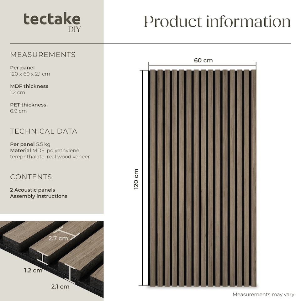 image 1 of Acoustic Wall Panels with Wood Veneer Slats, Thick Felt and Easy to Install | Brown | Dark oak | 120 x 60 x 120 cm | 2