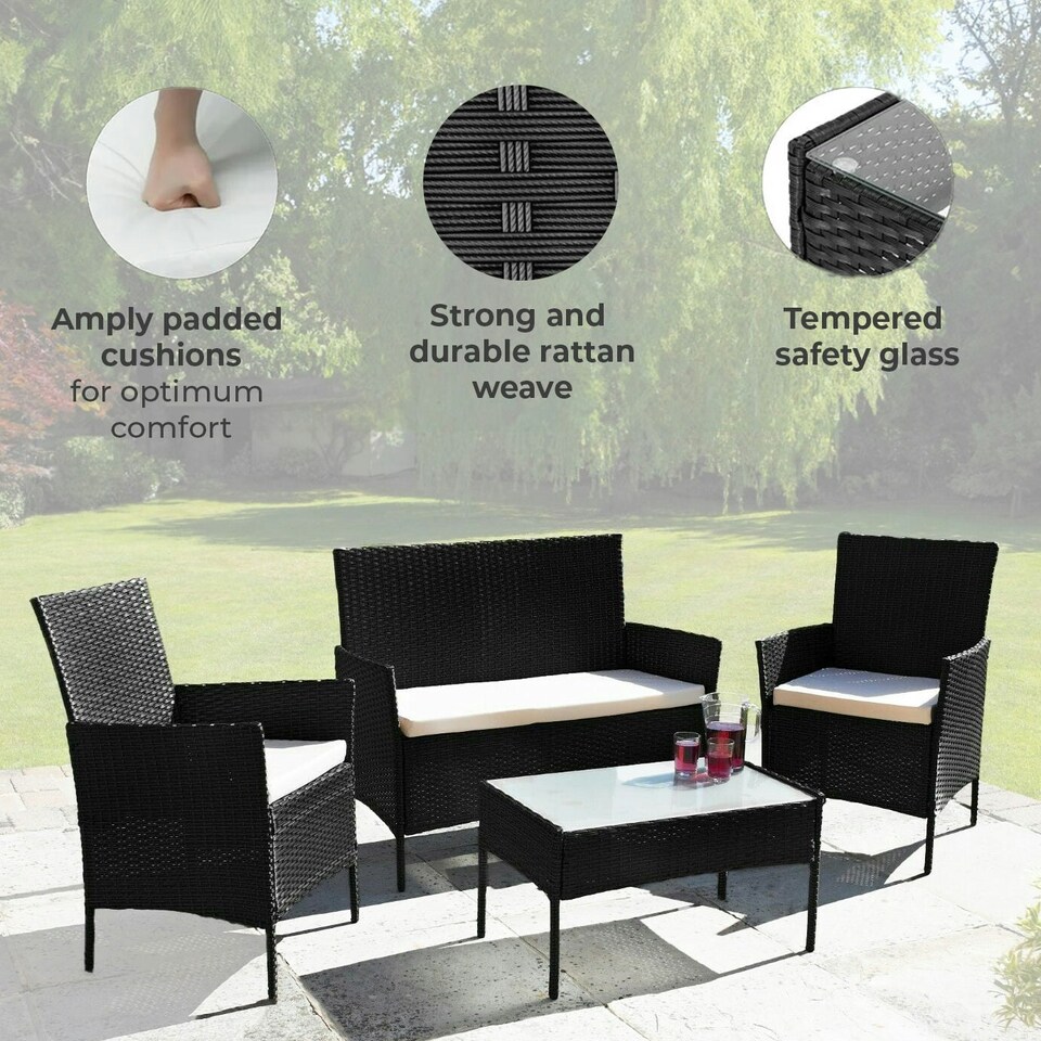image 1 of Neo Black 4 Piece Rattan Outdoor Furniture Garden Sofa Set